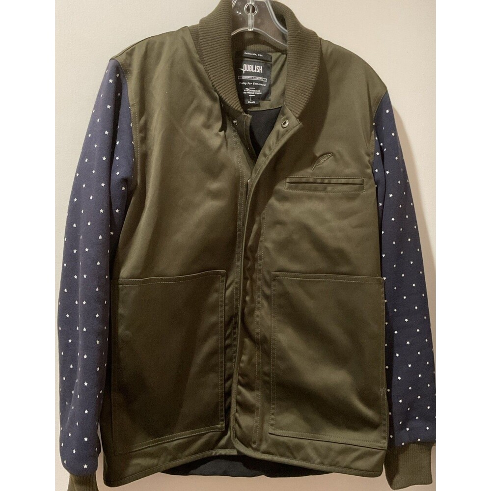 Publish Brand Olive Bomber Jacket W Blue Sleeves And White Stars